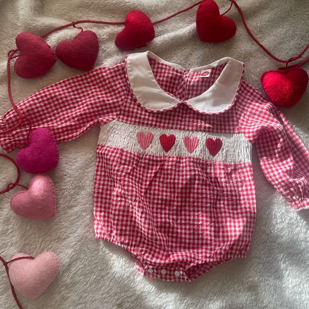 Red Gingham Baby Romper with Heart Design